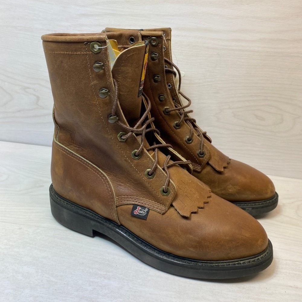 Justin Womens 8 C Work Boots L760 Kiltie Lace Up Brown Leather Oil Resisting USA